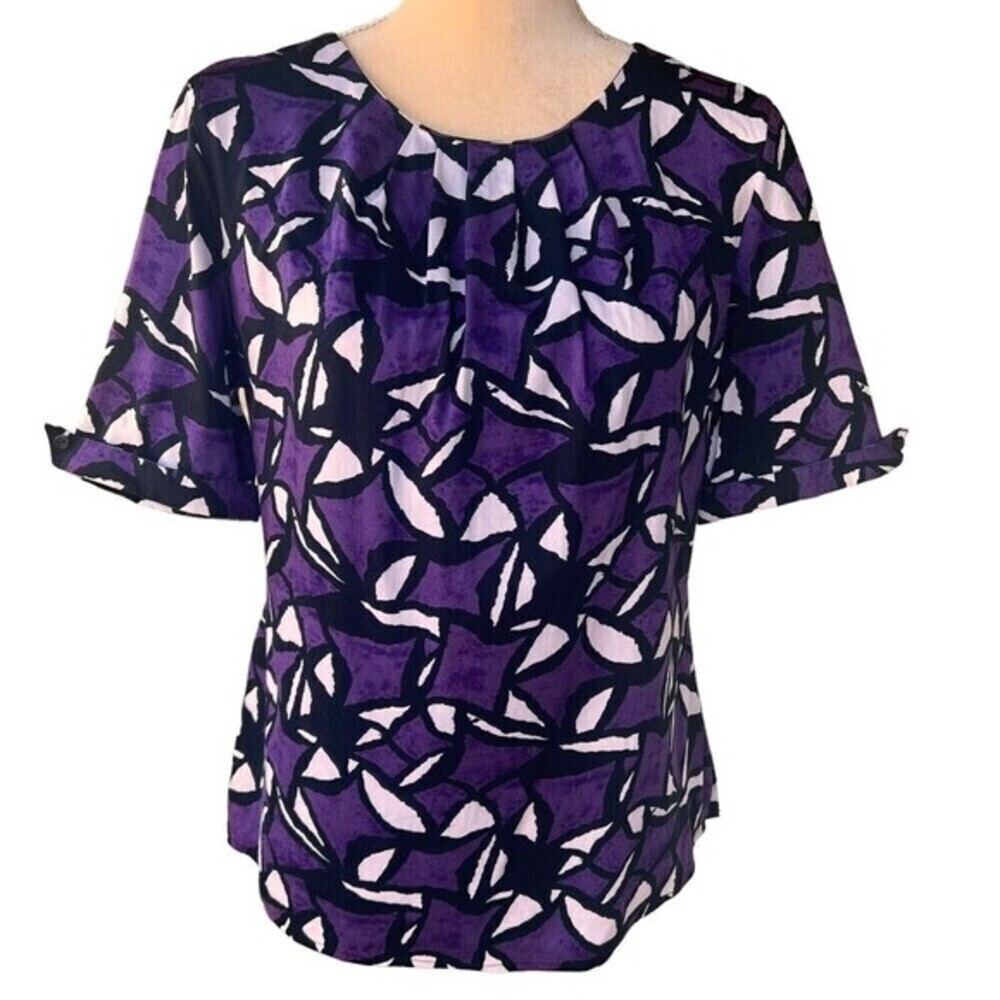 DRESSBARN Women's‎ Blouse M Stretch Short Sleeve Purple/Black/White Round Neck